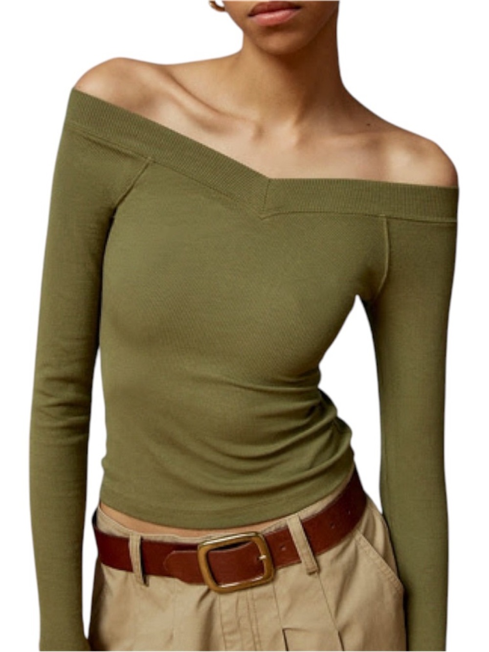 Urban Outfitters Olive Off-the-Shoulder Ribbed Top